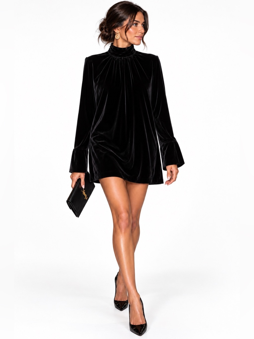 Saint Laurent Black Velvet Long-Sleeve Mini Dress